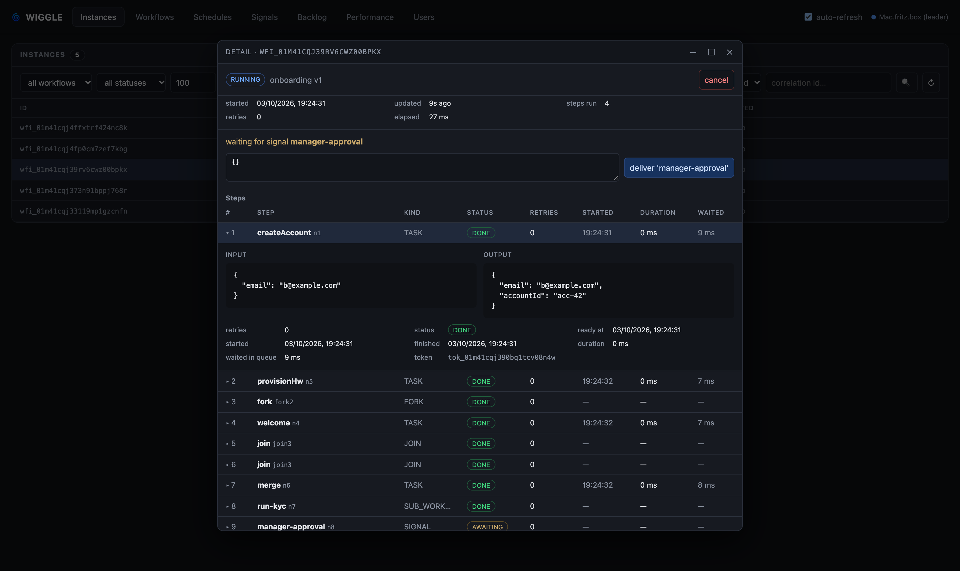 The console's instance detail: an onboarding run as a table of its steps, the first expanded to its input, output, retries and timing, parked on a manager-approval signal with an inline deliver button
